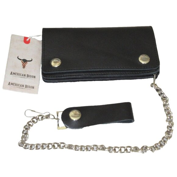 Men's Classic Genuine Premium Leather Snap Chain Trucker Biker Wallet Black NEW - Picture 1 of 9